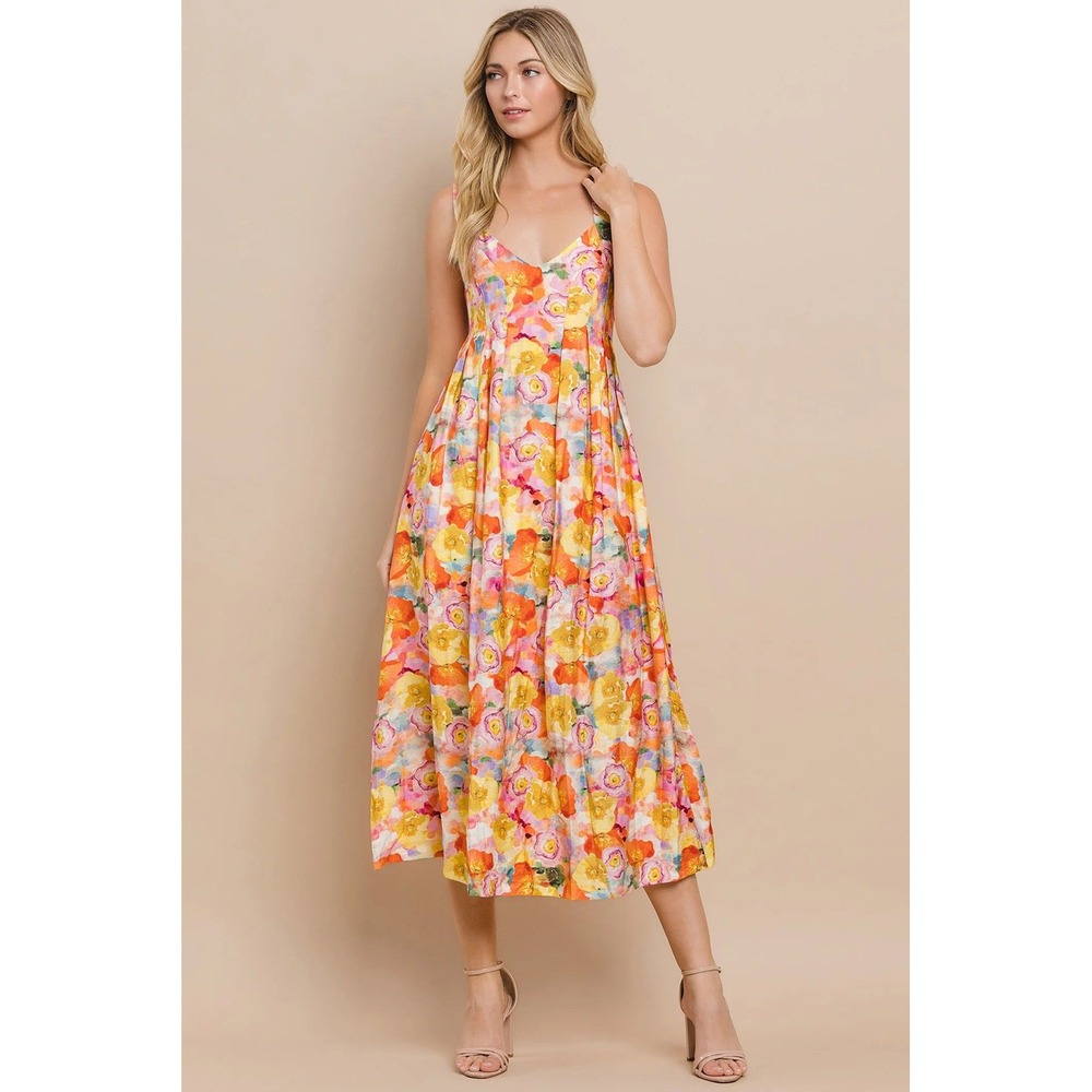 TCEC Floral Watercolor Midi Dress V-Neck Cutout Back Multicolor Size Large‎ NWOT